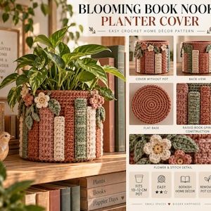 May include: A crochet planter cover featuring a book-spine design in shades of terracotta, sage green, and cream, adorned with small crocheted flowers and leaves. The text reads BLOOMING BOOK NOOK PLANTER COVER and fits a 10-12 cm pot.