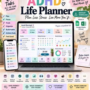 Può includere: Un pianificatore di vita digitale ADHD per Google Sheets ed Excel visualizzato su un laptop e uno smartphone. L'interfaccia presenta schede colorate, elenchi di attività, tracker delle abitudini e grafici con il testo 24 Tabs.
