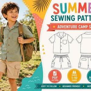 May include: A digital sewing pattern for a summer adventure camp set, featuring a short-sleeve button-down shirt and cargo shorts. The graphic includes technical line drawings of the front and back of the garments, with text labels for PDF pattern, sizes 1-10 years, and A4, A0, and US letter printing formats.