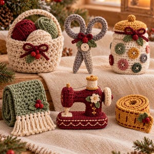 Patrón de ganchillo navideño en PDF / 6 mini adornos para taller de amigurumi / Cesta de lana para principiantes, tijeras, máquina de coser, bufanda y decoración con cinta