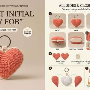 Puede incluir: Una infografía de llavero de corazón a ganchillo con un colgante en forma de corazón color coral y crema. La imagen muestra vistas frontales, traseras y laterales, además de una lista de componentes que incluye paneles de corazón y una anilla.
