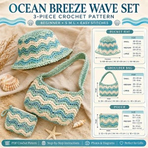 Haakpatroon Ocean Breeze Wave (PDF), set met bucket hat, schoudertas en mini-etui, haakpatroon voor beginners in de maten S-L.