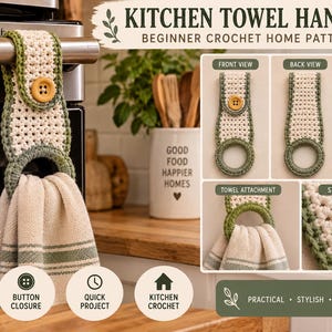 Peut inclure: Un modèle de crochet pour porte-serviette de cuisine aux tons crème et vert sauge avec une fermeture à bouton en bois. L'image montre le porte-serviette sur une poignée de four, avec des vues détaillées du devant, du dos, du bouton et du point.