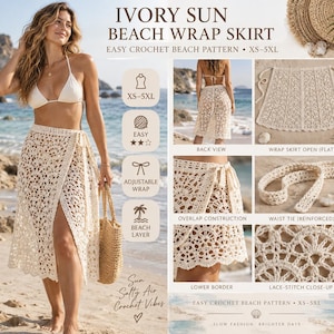Crochet Beach Skirt Pattern, Lace Wrap Cover Up PDF, Tie Waist Swimwear Skirt, XS–5XL, Easy Summer Crochet Pattern