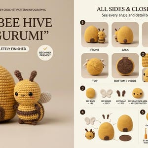 Puede incluir: Una infografía de patrón de ganchillo para un Mini Bee Hive Amigurumi, con una colmena y una abeja tejidas en amarillo y marrón. La imagen muestra múltiples ángulos, piezas componentes y una lista de materiales, incluido un ganchillo de 3,5 mm.