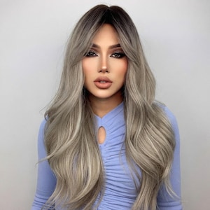 Long Ombre Ash Grey Wig with Curtain Bangs – Heat Resistant Synthetic Wavy Wig