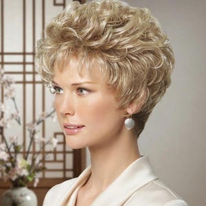 May include: A short, layered blonde wig with voluminous, wavy curls and soft bangs. The hair features multi-dimensional light blonde tones with darker roots, styled in a textured, cropped cut that frames the face with a full, rounded silhouette.