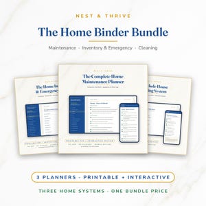 May include: The Home Binder Bundle by Nest & Thrive includes three digital planners for maintenance, inventory, emergency, and cleaning. Each planner features printable PDF and interactive editions with checklists, logs, and systems for home management.