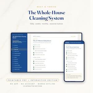 Puede incluir: Un sistema de limpieza digital titulado Nest & Thrive The Whole-House Cleaning System, que incluye rutinas diarias, semanales, mensuales y estacionales. La pantalla muestra una lista de verificación diaria de 15 minutos.