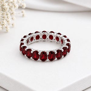925 Sterling Silver Ruby Eternity Band Ring, Red Oval Cut Gemstone Ring, Full Eternity Stacking Ring, Minimalist Wedding Band, Gift for Her