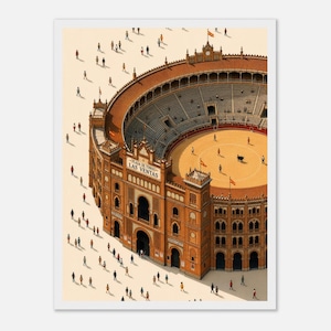 Könnte beinhalten: Eine Luftaufnahme-Illustration der Stierkampfarena Plaza de Toros Las Ventas in Madrid. Das Bauwerk zeigt eine kreisförmige, terrakottafarbene Fassade mit Torbögen und einer sandigen Arena in der Mitte. Zahlreiche kleine Figuren gehen auf dem Vorplatz.