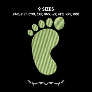 May include: A light green embroidered footprint design on a black background. The text above reads 9 SIZES and EMB, DST, CND, EXP, HUS, JEF, PES, VP3, XXX. The footprint features a textured stitch pattern and five distinct rounded toes.