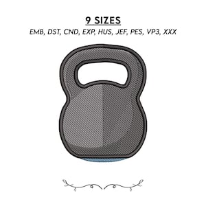 May include: An embroidery design of a kettlebell with a black outline and a grey diagonal striped pattern. The text 9 SIZES and EMB, DST, CND, EXP, HUS, JEF, PES, VP3, XXX are displayed above the kettlebell. A decorative flourish is below.