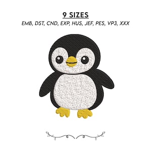 May include: An embroidery design of a cartoon penguin with black, white, and yellow thread colours. The text 9 SIZES and file formats EMB, DST, CND, EXP, HUS, JEF, PES, VP3, XXX are displayed above the penguin, with a decorative flourish below.