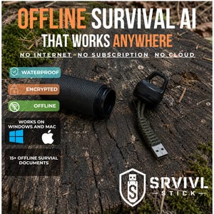 May include: A black, cylindrical, textured metal storage capsule with a screw-on cap attached to a green paracord lanyard and a USB connector. Text on the image reads: OFFLINE SURVIVAL AI THAT WORKS ANYWHERE, NO INTERNET, NO SUBSCRIPTION, NO CLOUD, SRVIVL STICK.