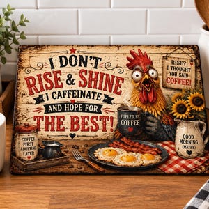 May include: A rectangular metal sign with a distressed wood-look finish featuring a wide-eyed rooster holding a coffee mug. The text reads: I DON'T RISE & SHINE I CAFFEINATE AND HOPE FOR THE BEST! It includes illustrations of fried eggs, bacon, and sunflowers.