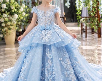 Organza Light Blue 3D Floral Girl Pageant Gown, Lace Tulle Flower Girl Dress With Train,Luxurious Formal Dress, Birthday Princess Dress