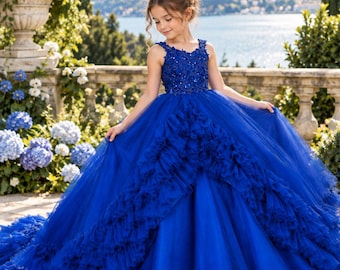Royal Blue Tulle Ruffles Flower Girl Dresses Formal Dinners Pageant Gown