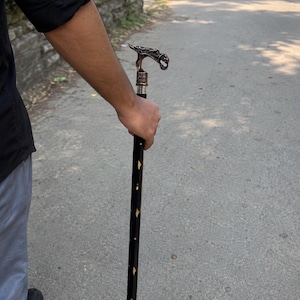 May include: A walking cane featuring a black shaft with inlaid gold-colored diamond shapes and a metallic handle sculpted into the shape of a dragon head with a dark bronze finish, accented by a silver-toned collar connecting the handle to the shaft.