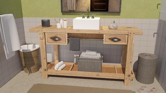 Handcrafted antique-style workbench-inspired bathroom stand