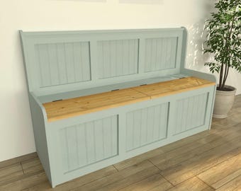 Banco de almacenamiento de pino hecho a mano, asientos de comedor pintados con pintura Farrow & Ball.