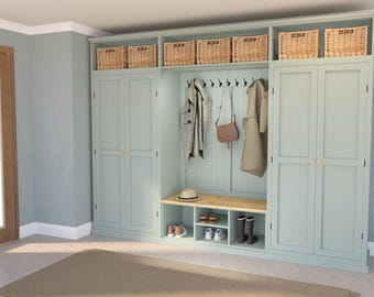 Handmade Boot Room Storage Unit – Cupboards, Drawers, Coat Rail, Seat (Custom Sizes)