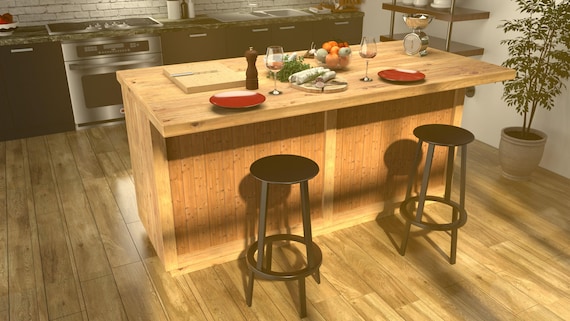 Rustic wood standalone kitchen island with breakfast bar