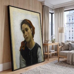 反射する若い女性の肖像画キャンバスウォールアート、ヴィンテージ油絵複製、素朴なヘッドスカーフ装飾、クラシックファインアートプリント、すぐに