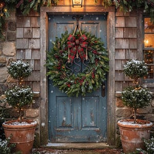May include: A blue wooden door features a large evergreen wreath adorned with pinecones, red berries, and a red plaid bow. A metal letter S hangs in the centre. Above the door, a lit lantern sits amidst a garland of pine branches and berries.