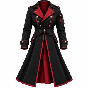 May include: A black trench coat featuring a vibrant red inner lining, wide lapels, and double-breasted silver buttons. The coat includes a waist belt with a central buckle, shoulder epaulets, buckled sleeve cuffs, and a small pocket on the left arm.