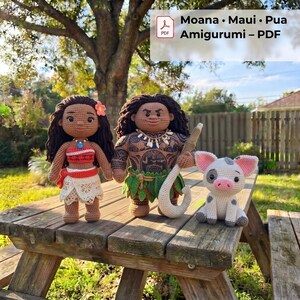 May include: Three crocheted dolls representing Moana, Maui, and Pua. Moana has long dark hair with a pink flower, a red and white outfit, and a blue necklace. Maui has dark hair, tattoos, a leaf skirt, and a hook. Pua is a small white pig.