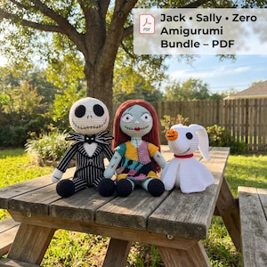 May include: Three crocheted amigurumi dolls featuring a white skeleton figure in a black pinstripe suit, a doll with red yarn hair and a multicolored patchwork dress, and a white ghost dog with a small orange pumpkin nose and red collar.