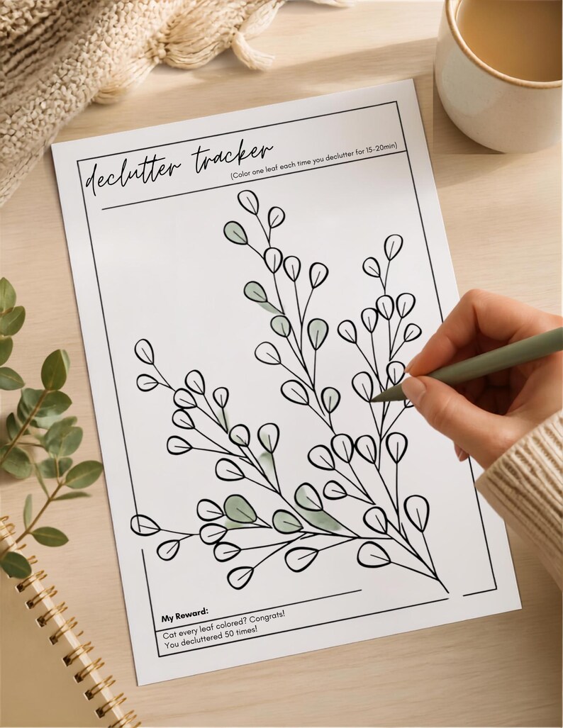 Rensa upp blomschema | Utskrivbart rensningsschema | Färgläggningsschema med 55 blad | Minimalismplanerare | Direkt nedladdning i PDF-format bild 5