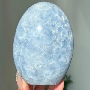 Op de afbeelding: Een glad, gepolijst, eivormig blauw calcietkristal. De steen heeft een doorschijnende, licht hemelsblauwe kleur met een kristallijne, gebroken interne textuur die over het hele oppervlak zichtbaar is, wat een veelzijdig uiterlijk creëert.