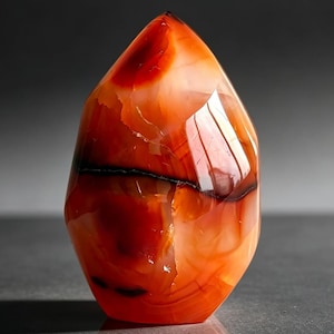 May include: A polished carnelian stone shaped into a flame-like point, featuring translucent layers of deep orange, vibrant red, and burnt sienna, with a distinct dark horizontal band running across the centre of the smooth, glossy surface.