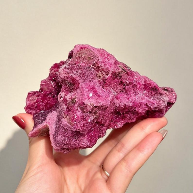 May include: A raw, crystalline mineral specimen featuring a vibrant, deep magenta-pink coloration. The surface is highly textured with numerous small, jagged crystal formations and facets that catch the light, creating a sparkling appearance.