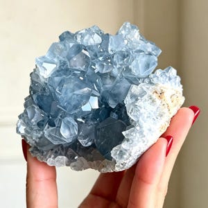 Könnte beinhalten: Eine Ansammlung von durchscheinenden, hellblauen Celestin-Kristallen mit scharfen, kantigen Facetten. Die Mineralformation weist eine dichte Anordnung kristalliner Spitzen auf, die auf der rechten Seite in eine raue, weiße Basis übergeht.