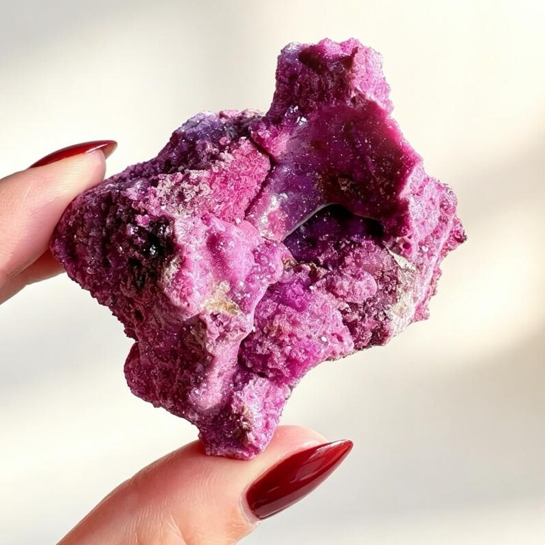 May include: A vibrant, deep magenta-colored mineral specimen with a rough, crystalline texture. The rock features an irregular, jagged shape with a small, hollowed-out cavity in the center, showcasing dense, sparkling clusters of small, pointed crystals.