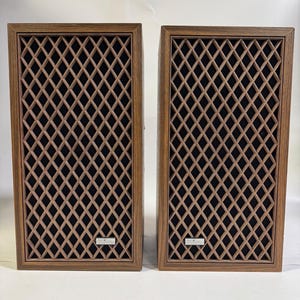 Pode incluir: Um par de colunas retangulares com uma moldura de madeira escura e uma grelha de plástico castanho com padrão de losangos que cobre uma rede de tecido preto. Cada coluna tem uma pequena placa retangular prateada com o logótipo ao centro.