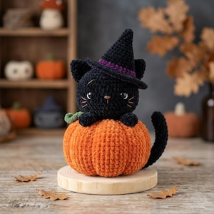 May include: A black crocheted cat plush toy wearing a pointed black witch hat with a purple band. The cat is sitting on top of a round, textured orange crocheted pumpkin. The cat has large black eyes, embroidered whiskers, and a small brown nose.