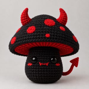 Peut inclure: Un jouet en peluche champignon crocheté noir et rouge avec deux cornes rouges sur le dessus du chapeau, des taches rouges, un dessous rouge et une petite queue rouge. La tige a deux yeux en plastique noir, des joues rouges et une bouche rouge.