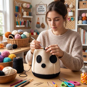May include: A person crocheting a cream and black panda-themed basket with a metal hook. The workspace features various colorful yarn balls in wooden bowls, multiple crochet hooks, scissors, and a sign that reads The Stitch Corner.