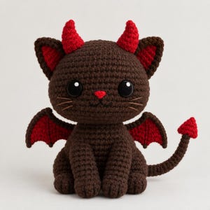 May include: A dark brown crocheted cat plush toy featuring bright red horns, inner ears, wings, and a pointed tail tip. The figure has large black safety eyes, a small red heart-shaped nose, and embroidered whiskers on a round head.