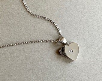 Heart Locket . Sterling Silver Heart Locket with Cubic Zirconia