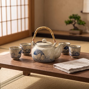 Juego de tetera Koi, cerámica, 650 ml, juego de té japonés con diseño de peces koi.