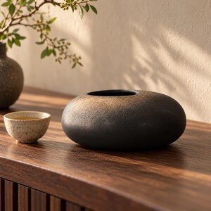 Low Black Vase, Stone Effect Porcelain Bowl Vase for Single Stems, Japandi Zen Table Decor, 15 cm Wide