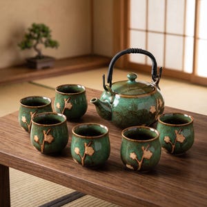 Grüne Keramik-Teekanne, Teeservice mit Blumenmuster und Craquelé-Glasur, 650–660 ml