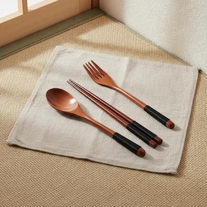 Wooden Cutlery Set, Black Thread-Wrapped Japanese Flatware 22.5 cm