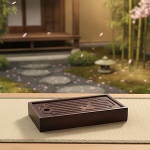 May include: A rectangular dark brown wooden tea tray featuring a slatted surface with a circular drainage hole on the left side and a subtle, light-colored engraved graphic detail on the right side of the top panel.