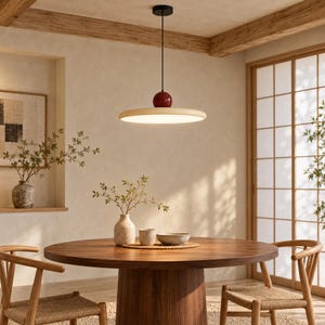 May include: A pendant light fixture featuring a flat, circular, cream-colored shade suspended by a thin black cord, topped with a glossy, spherical, dark red accent piece that connects to the ceiling mount.